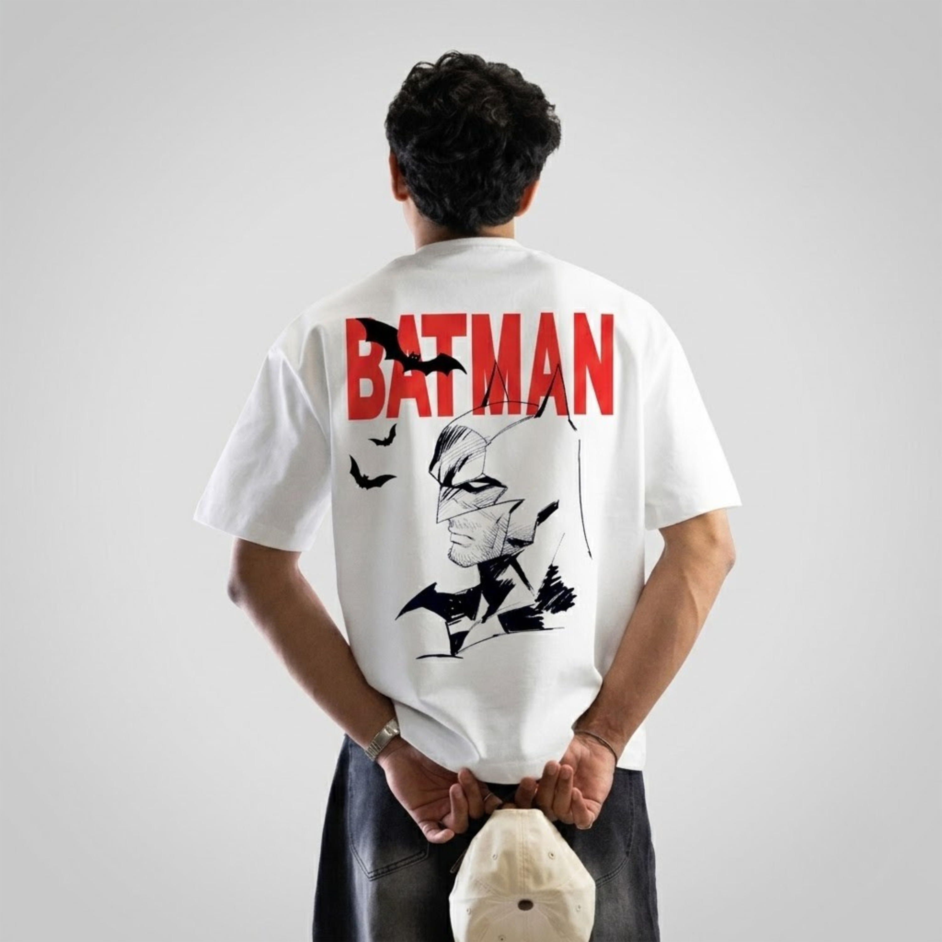 "Batman Dark Knight Sketch" Graphic Oversized T-Shirt in White